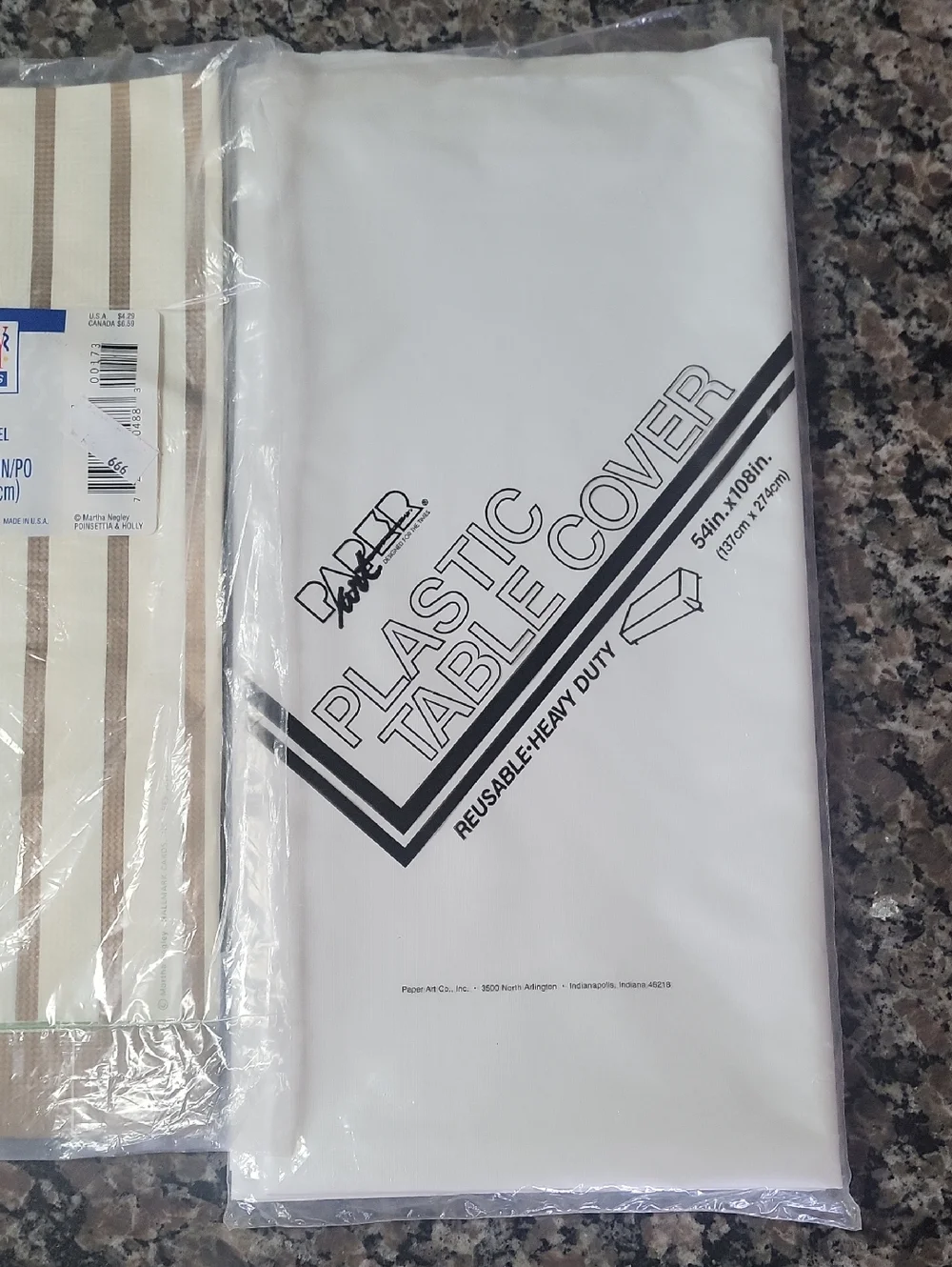 Lot of 3 new plastic tablecovers pumpkin, white and gold/ biege strips.